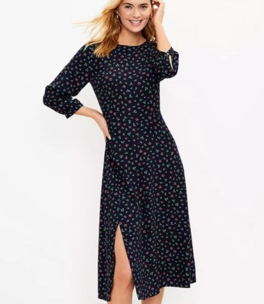 Loft Midi Dress Womens 0 Navy Blue Ditsy Floral 3/4 Sleeve Side Slit